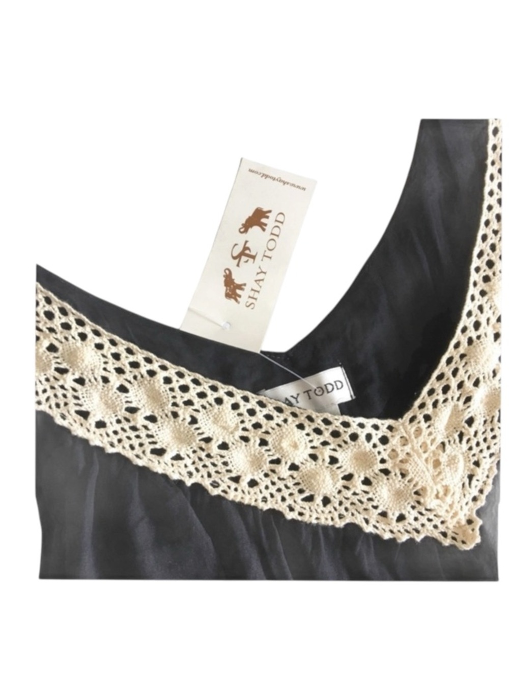 new Shay Todd ❁ Handkerchief Hem Crochet Shoulder Tie Dress Swim Cover ❁ Black L - Picture 8 of 15